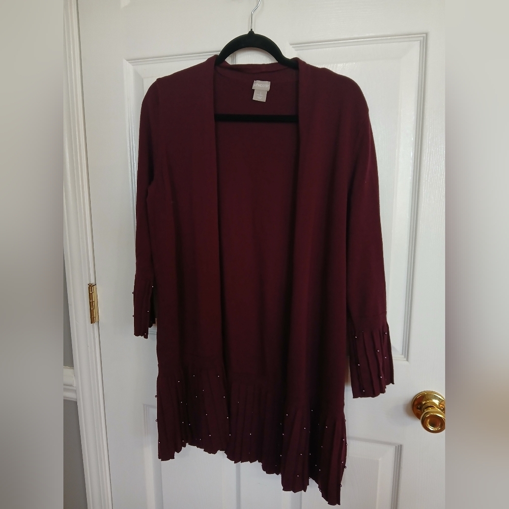 Chicos Eggplant Purple Open Front Pleated Faux Pearl Long Duster Cardigan Casual